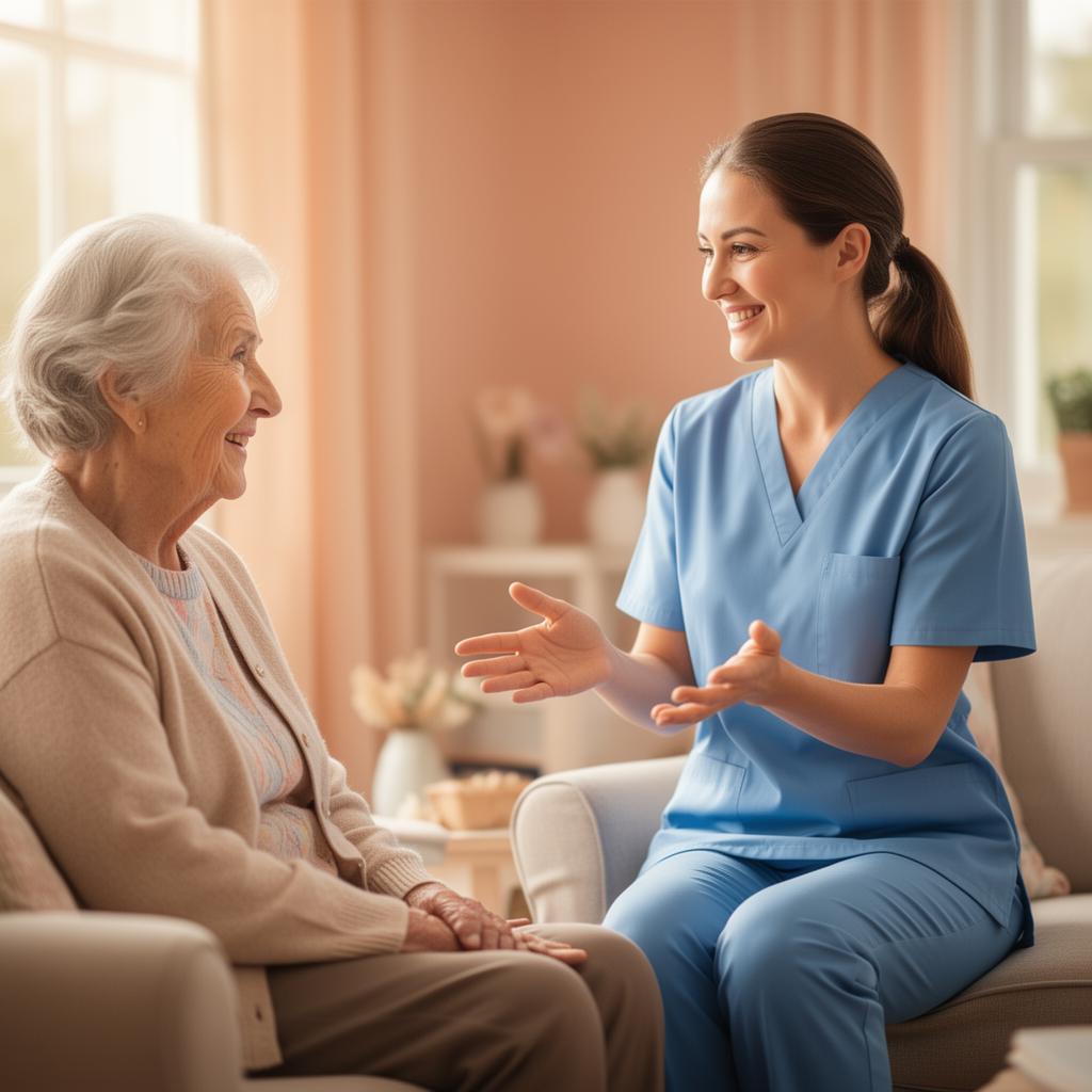 A caregiver talking warmly with an elderly woman in a sunlit living room